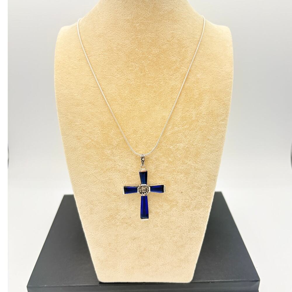 Artisan Sterling Marcasite Cross Pendant w/ Faceted Cobalt Glass,  925 Chain